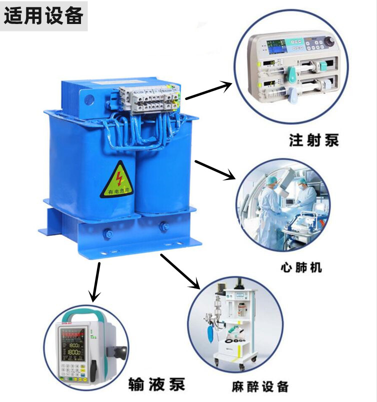 醫(yī)用隔離變壓器主要適用于注射泵，心脈機(jī)，麻醉設(shè)備、輸液泵等醫(yī)療設(shè)備